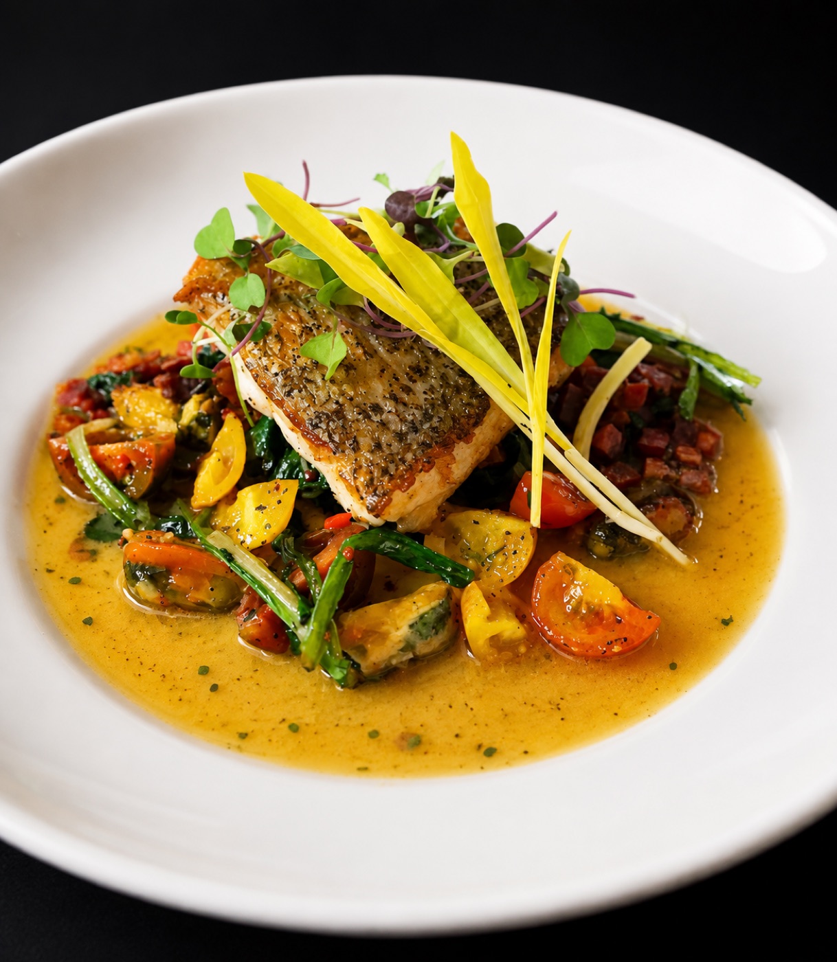 Plated seared fish with heirloom tomatoes and pancetta