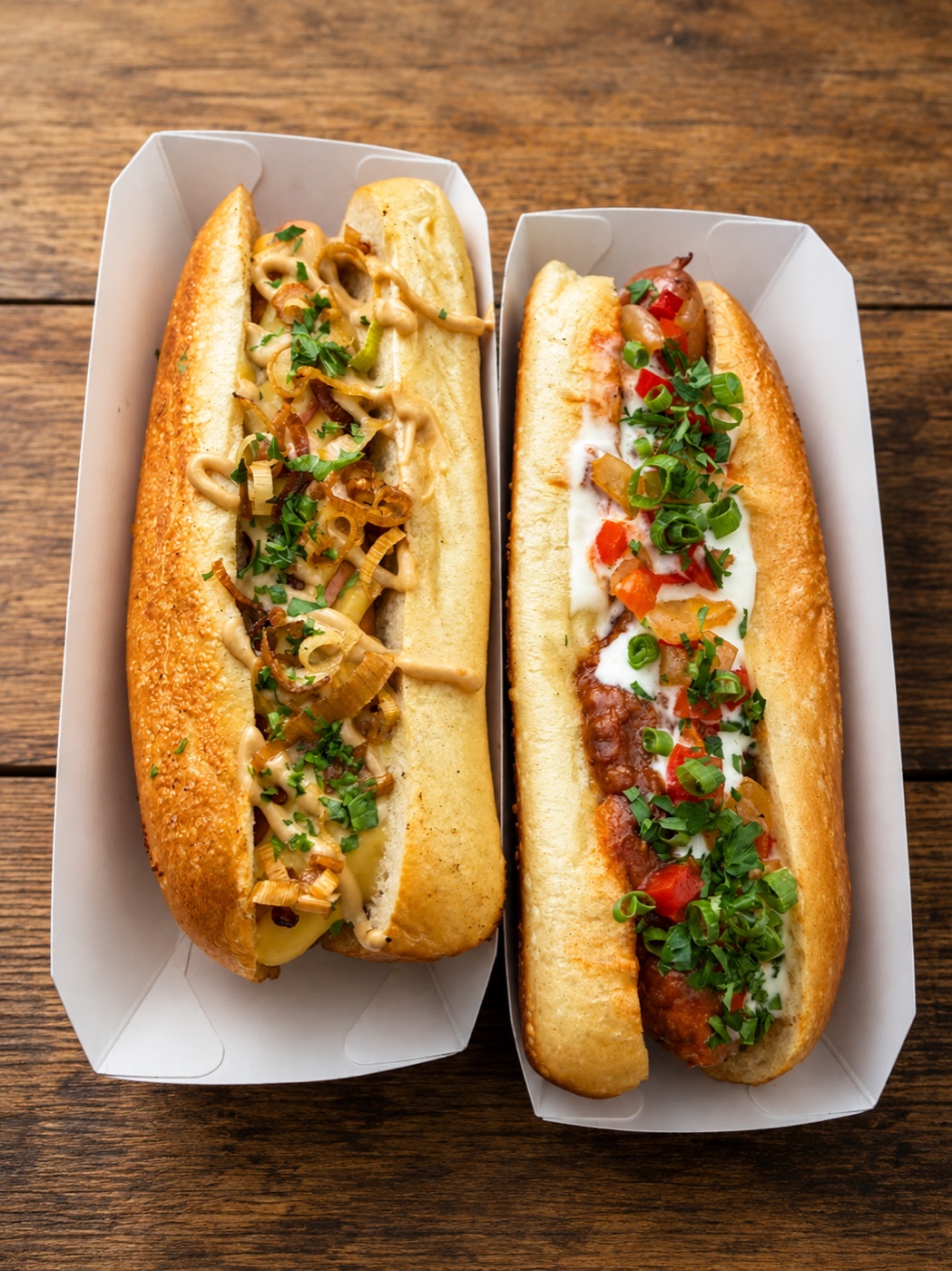 Two artisan hot dogs in paper trays