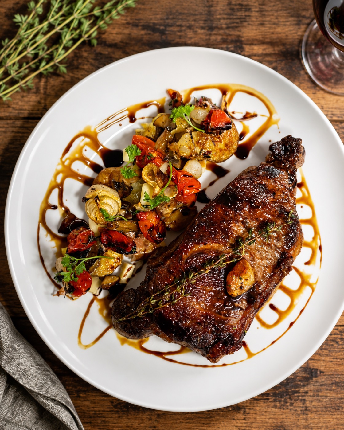 Plated steak with roasted vegetables and balsamic glaze
